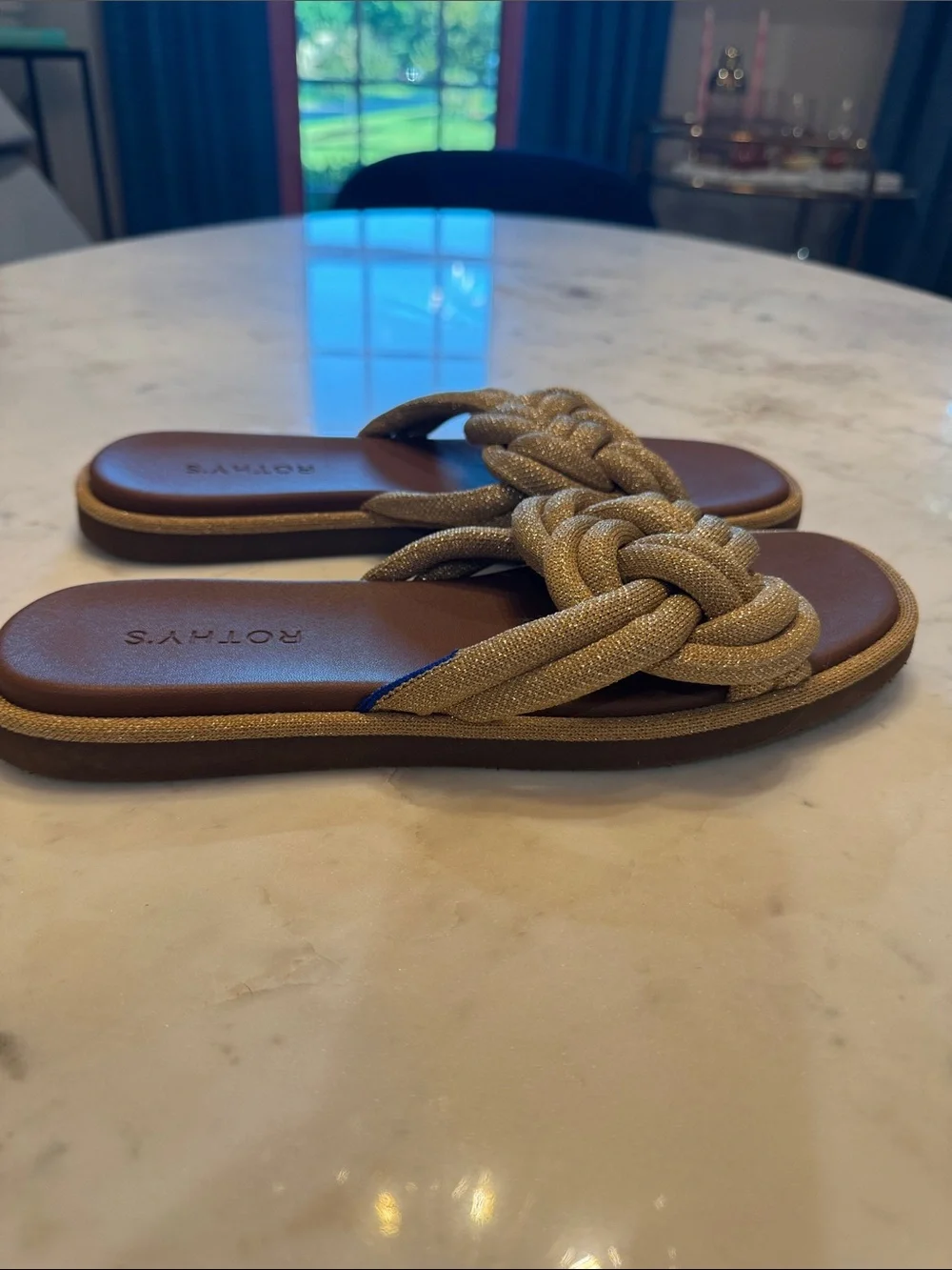 Rothy's Gold Braided Knot Slide Sandals NWOT size 10